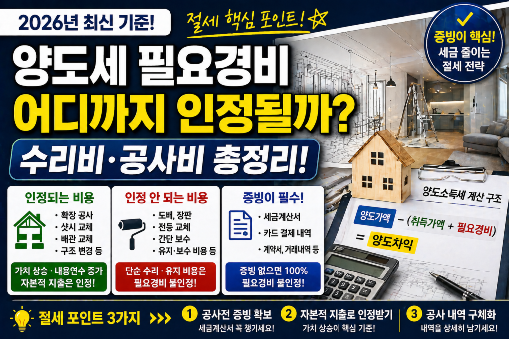 양도세 필요경비 어디까지 인정될까｜수리비·공사비 인정 기준 완벽 정리 (2026년)