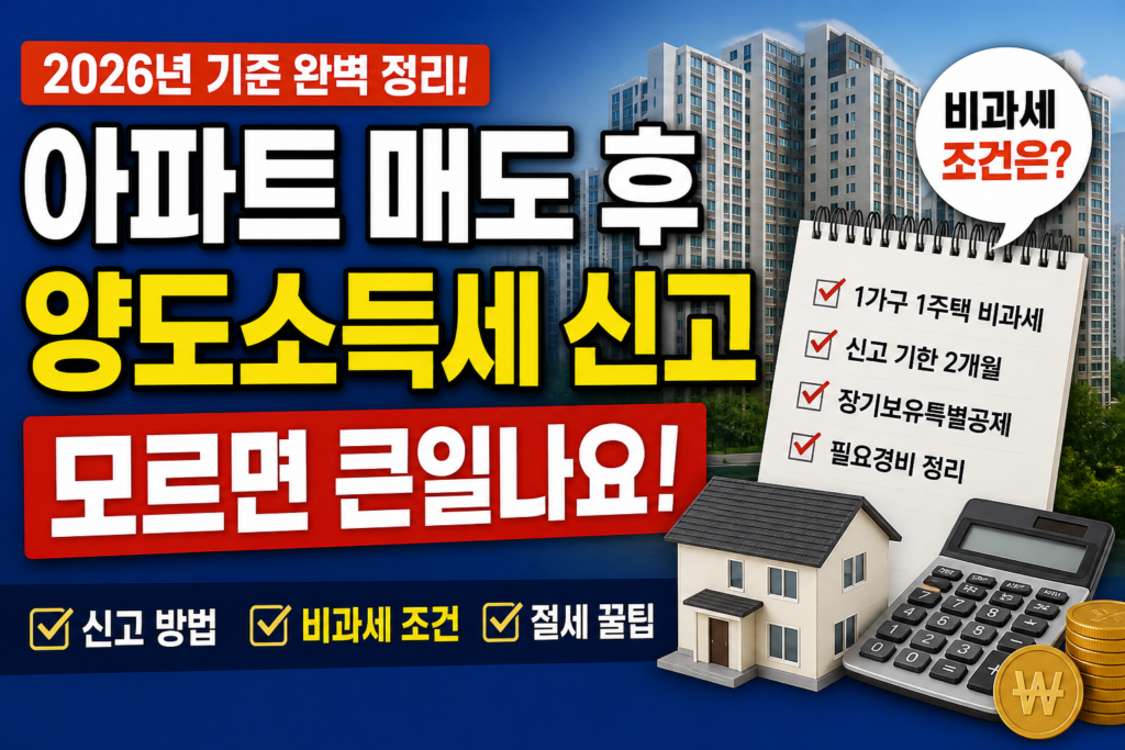 아파트 매도 후 양도소득세 신고 방법과 비과세 조건을 2026년 기준으로 정확히 정리했습니다. 신고 기한, 절세 방법, 실수 시 불이익까지 한 번에 해결하세요.